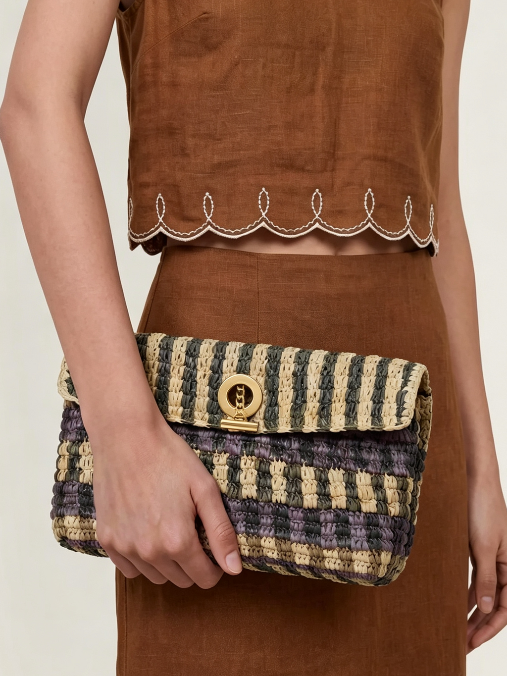 Raffia Foldover Toggle Clutch Bag